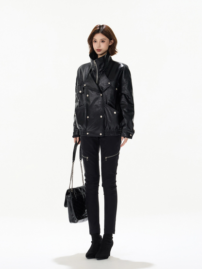 BLACK DOUBLE BREASTED PU PADDED JACKET ブラック 着用イメージ 6