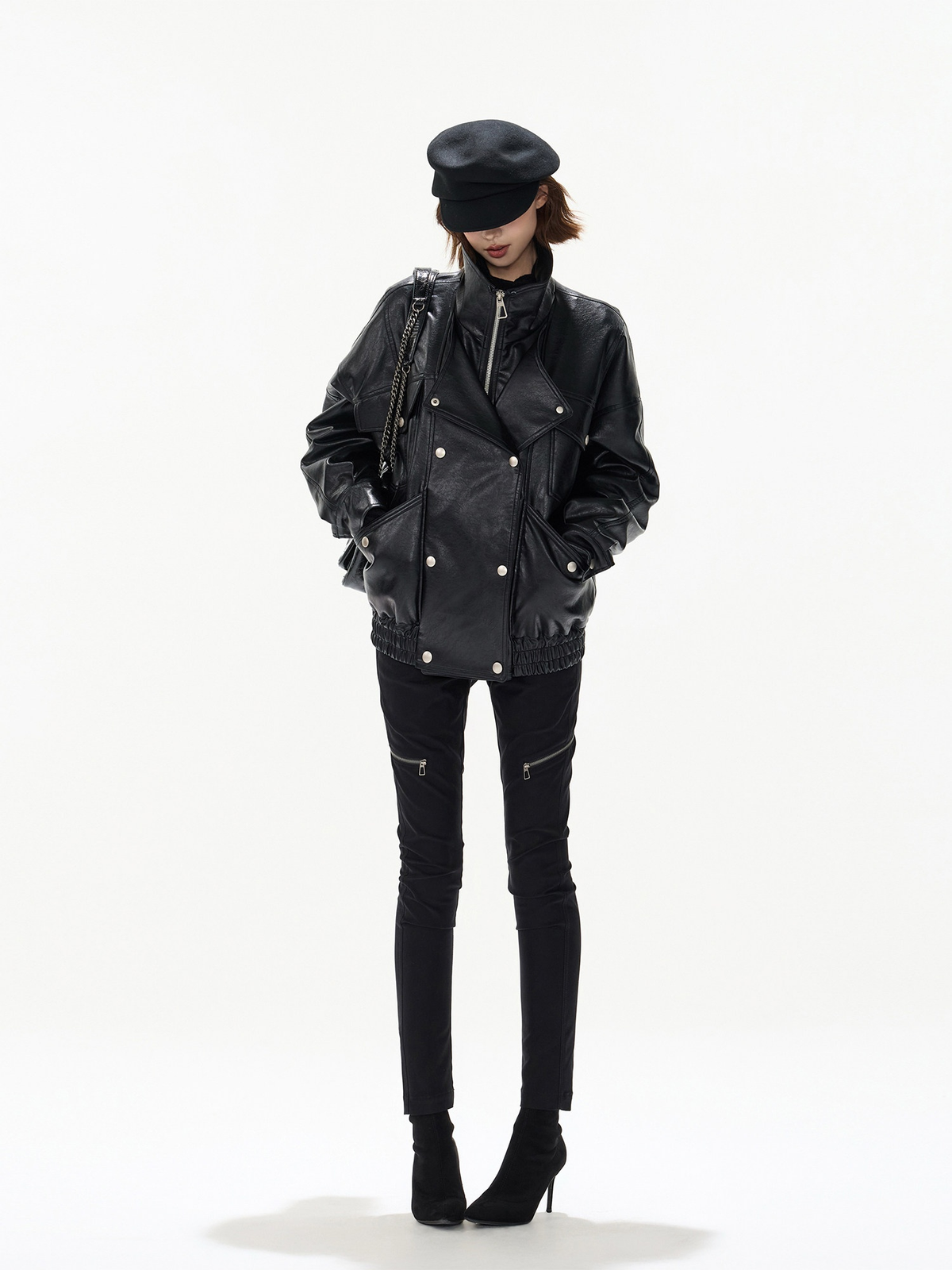 BLACK DOUBLE BREASTED PU PADDED JACKET ブラック 着用イメージ 4