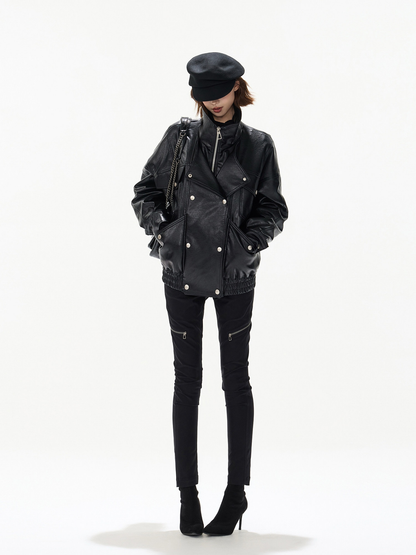 BLACK DOUBLE BREASTED PU PADDED JACKET ブラック 着用イメージ 4