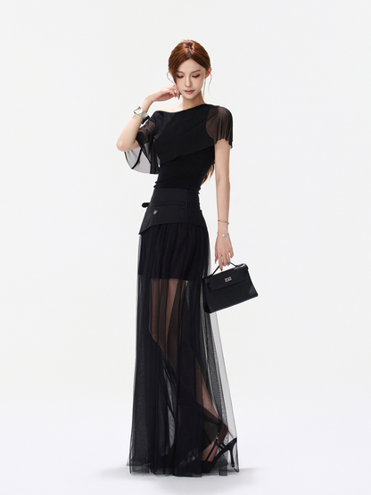 BLACK ASYMMETRIC MESH TOP AND SHEER MAXI SKIRT ブラック 全身コーディネート 正面