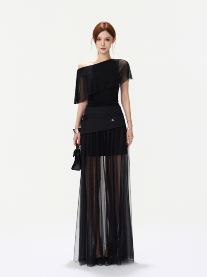 BLACK ASYMMETRIC MESH TOP AND SHEER MAXI SKIRT ブラック 着用イメージ 10