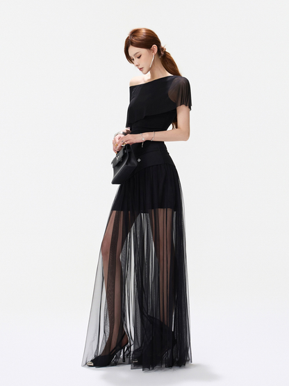 BLACK ASYMMETRIC MESH TOP AND SHEER MAXI SKIRT ブラック 着用イメージ 6