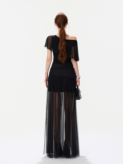 BLACK ASYMMETRIC MESH TOP AND SHEER MAXI SKIRT ブラック 着用イメージ 11