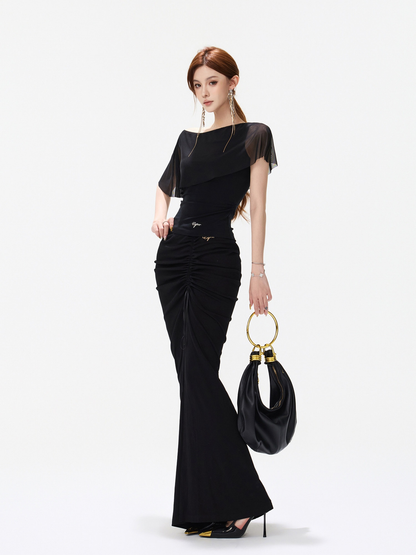 BLACK ASYMMETRIC MESH TOP AND SHEER MAXI SKIRT ブラック トップスの着回し例 別のスカートとコーディネート